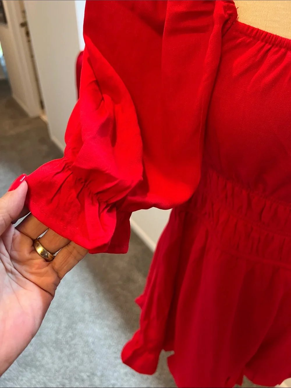 Blue Rain Red Smocked Romper with Puff Sleeves - Picture 4 of 5